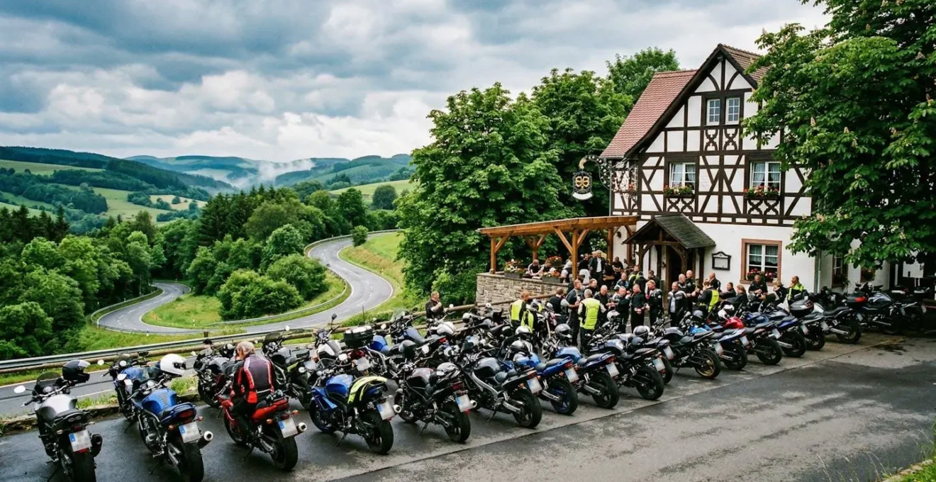 Motorradfahrer auf einem malerischen Treffpunkt in der deutschen Eifelregion