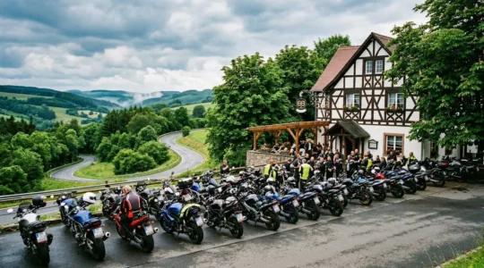 Motorradfahrer auf einem malerischen Treffpunkt in der deutschen Eifelregion