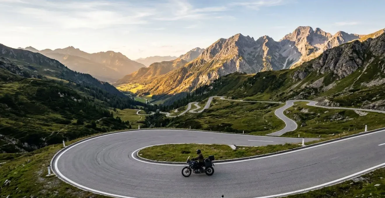 Motorradfahrer navigiert durch enge Alpenpässe mit dramatischen Serpentinen vor majestätischen Berggipfeln