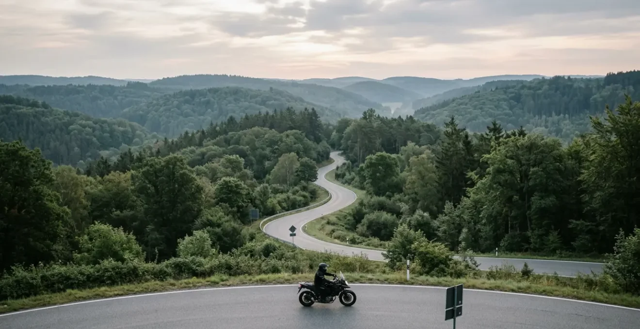 Motorradfahrer auf kurviger deutscher Landstraße in achtsamer Fahrposition