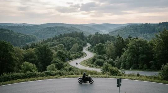 Motorradfahrer auf kurviger deutscher Landstraße in achtsamer Fahrposition