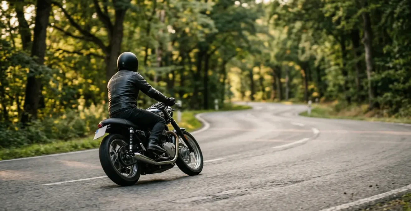 Motorradfahrer in perfekter Schräglage in Kurve mit fokussiertem Blick zum Kurvenausgang