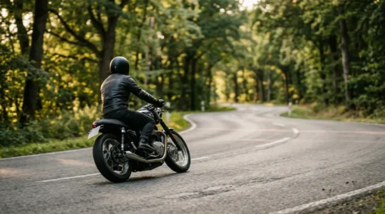 Motorradfahrer in perfekter Schräglage in Kurve mit fokussiertem Blick zum Kurvenausgang