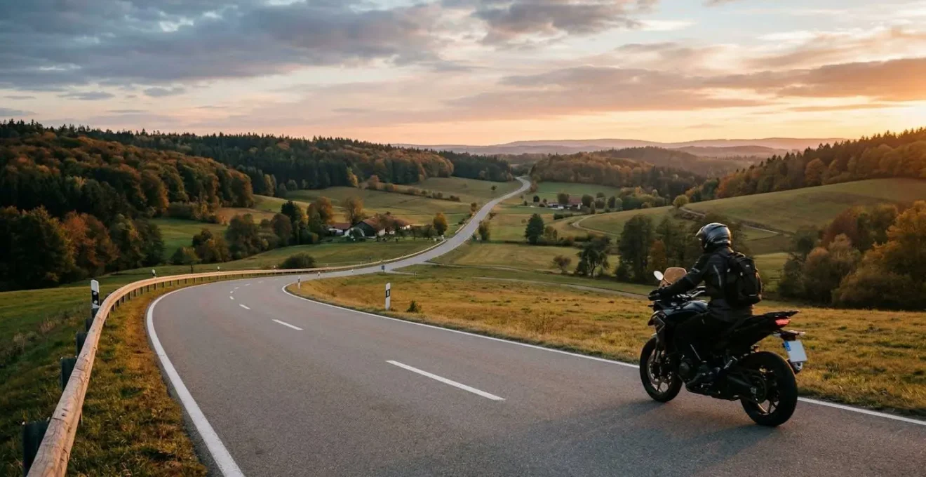 Motorradfahrer testet das Drehmoment auf einer deutschen Landstraße