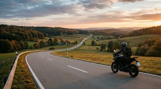 Motorradfahrer testet das Drehmoment auf einer deutschen Landstraße
