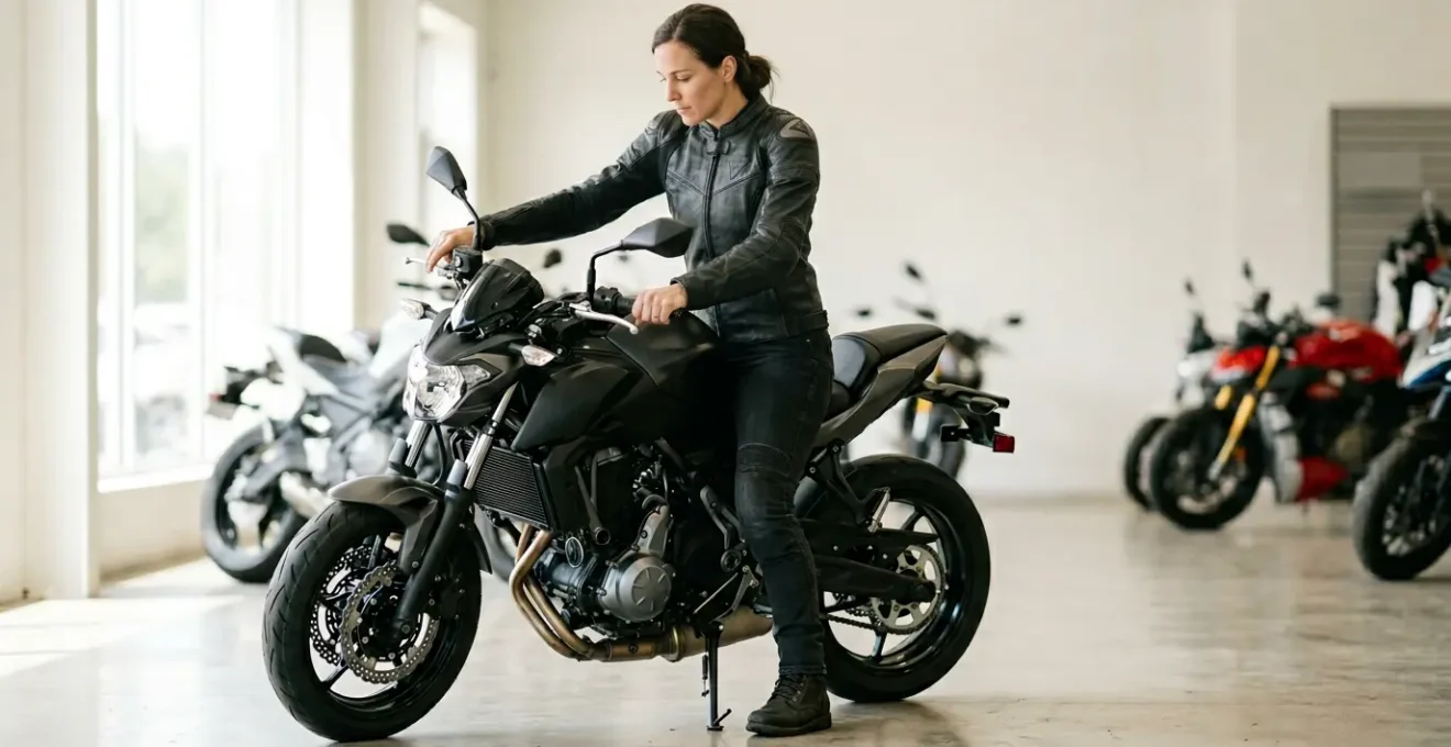 Motorradfahrer überprüft Sitzposition und Ergonomie auf verschiedenen Motorradmodellen