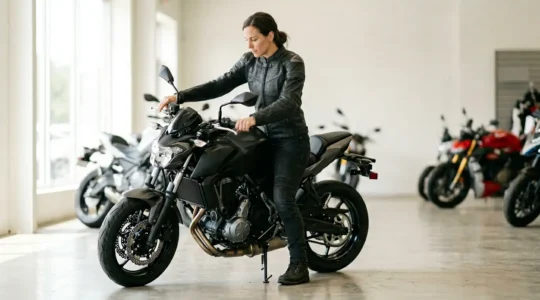 Motorradfahrer überprüft Sitzposition und Ergonomie auf verschiedenen Motorradmodellen