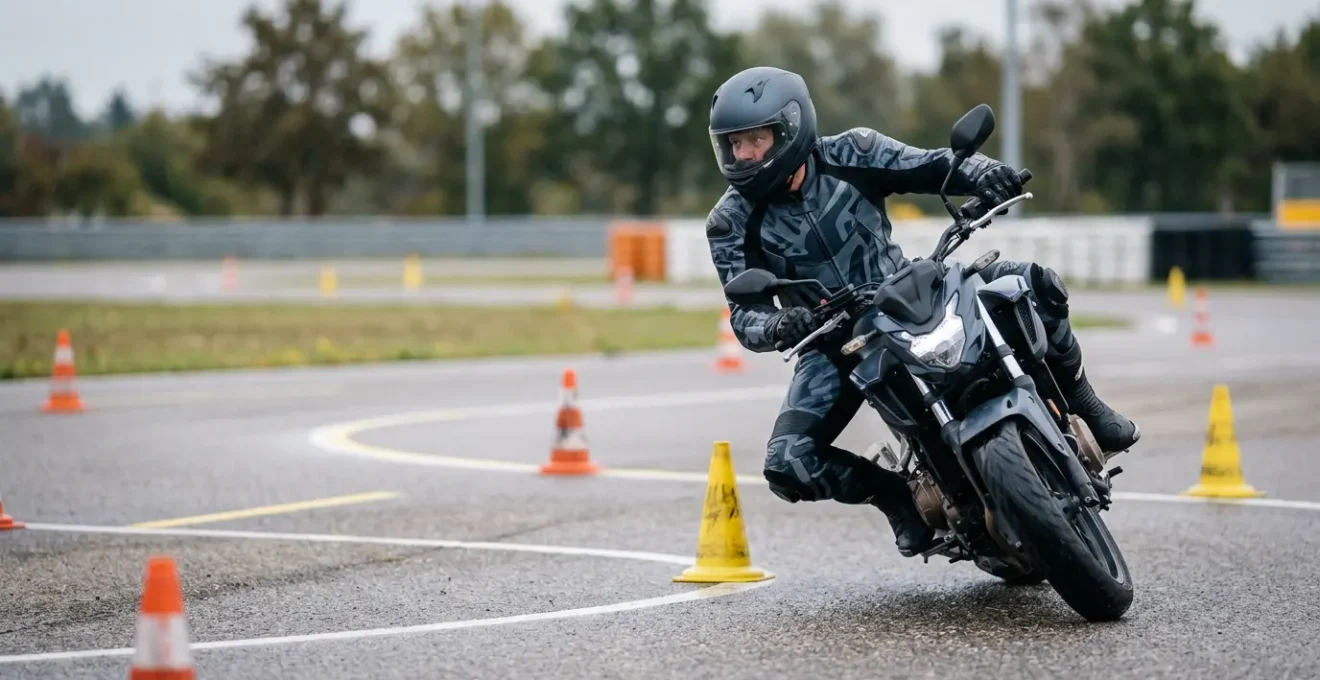 Motorradfahrer in professioneller Schutzkleidung auf einem Verkehrsübungsplatz während eines Fahrsicherheitstrainings in Deutschland