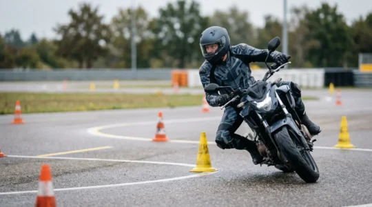 Motorradfahrer in professioneller Schutzkleidung auf einem Verkehrsübungsplatz während eines Fahrsicherheitstrainings in Deutschland