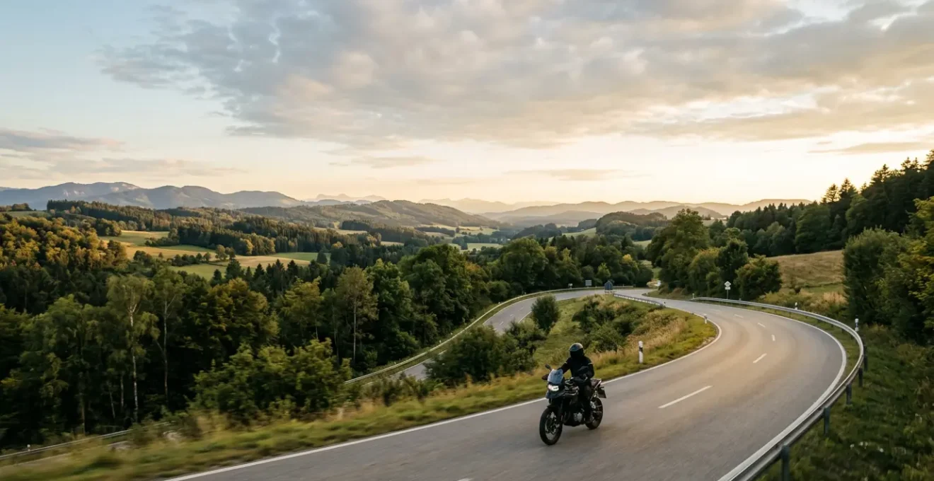 Motorradfahrer auf kurvenreicher deutscher Landstraße mit weitem Horizont
