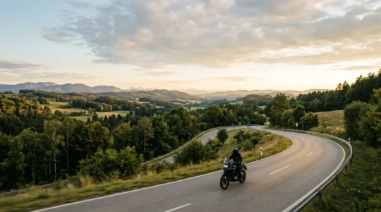 Motorradfahrer auf kurvenreicher deutscher Landstraße mit weitem Horizont
