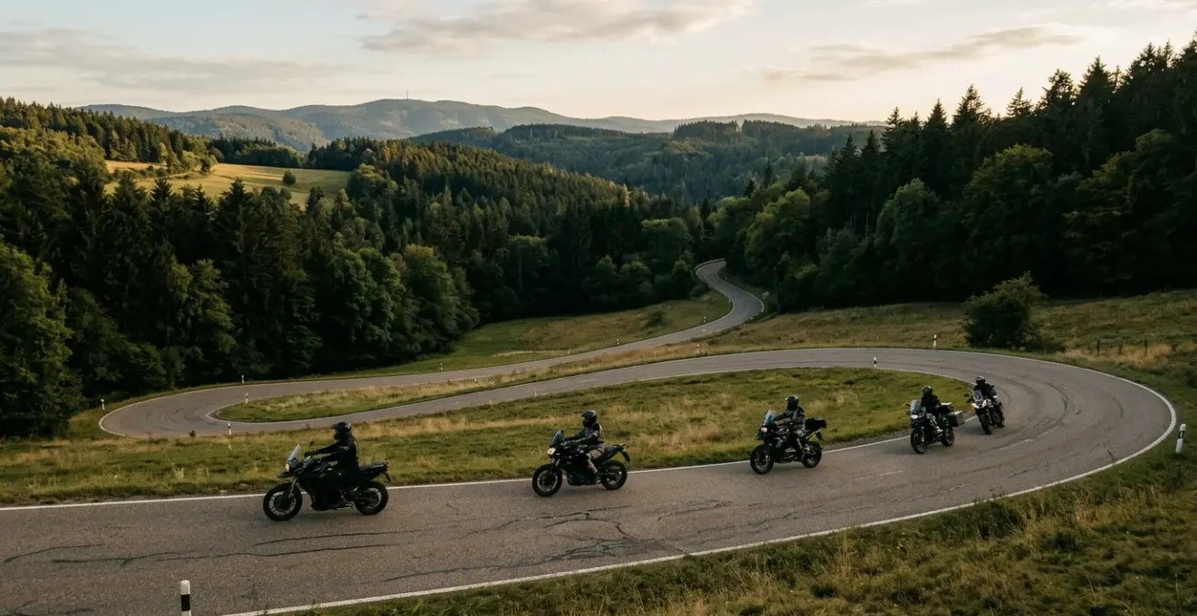 Motorradfahrer bei gemeinsamer Ausfahrt auf kurvenreicher Landstraße in Deutschland