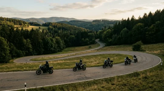 Motorradfahrer bei gemeinsamer Ausfahrt auf kurvenreicher Landstraße in Deutschland