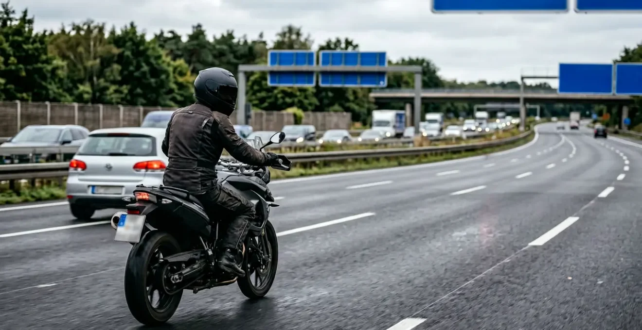 Motorradfahrer auf deutscher Autobahn mit erhöhter Aufmerksamkeit im dichten Verkehr
