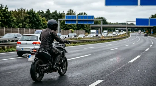 Motorradfahrer auf deutscher Autobahn mit erhöhter Aufmerksamkeit im dichten Verkehr