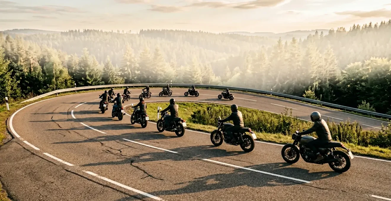Motorradgruppe auf kurvenreicher deutscher Landstraße in versetzter Formation