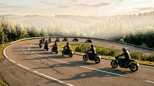 Motorradgruppe auf kurvenreicher deutscher Landstraße in versetzter Formation