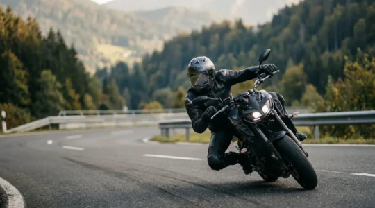 Motorradfahrer in Schräglage auf kurviger Landstraße mit intensivem Fokus