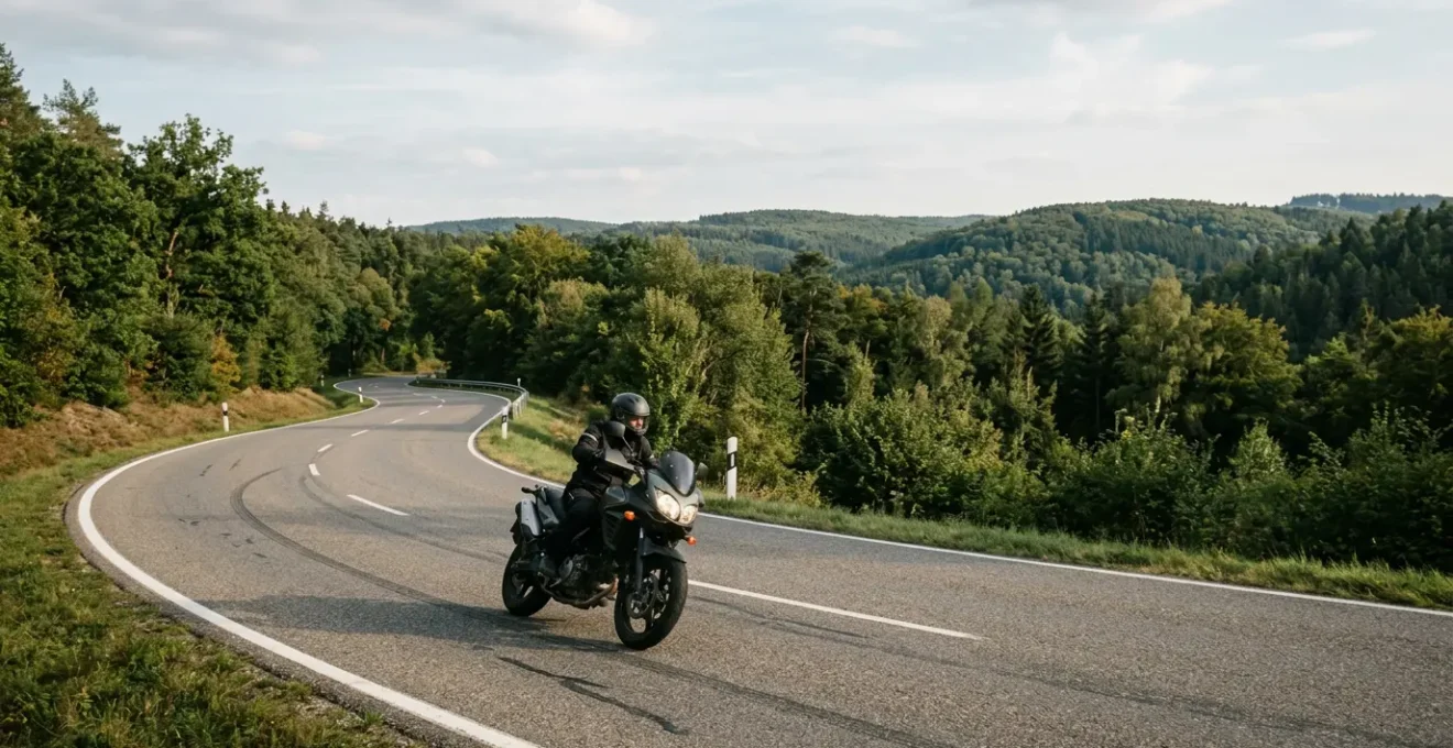 Motorradfahrer in kontrollierter Schräglage auf kurviger Landstraße bei optimalen Bedingungen