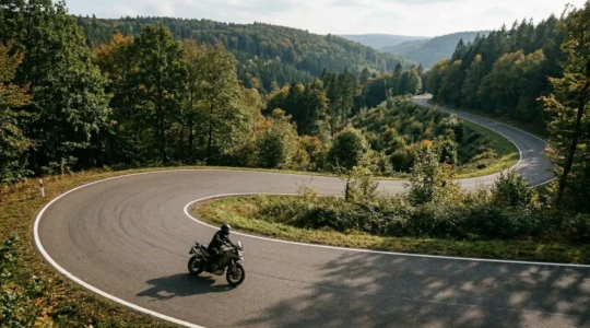 Motorradfahrer auf kurvenreicher Landstraße in Deutschland bei der Perfektionierung seiner Fahrtechnik
