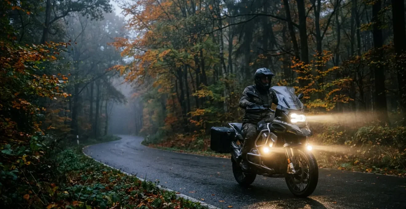 Motorrad mit montierten LED-Zusatzscheinwerfern bei Nachtfahrt auf deutscher Landstraße