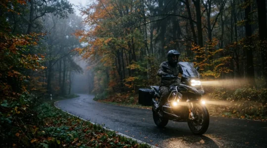 Motorrad mit montierten LED-Zusatzscheinwerfern bei Nachtfahrt auf deutscher Landstraße