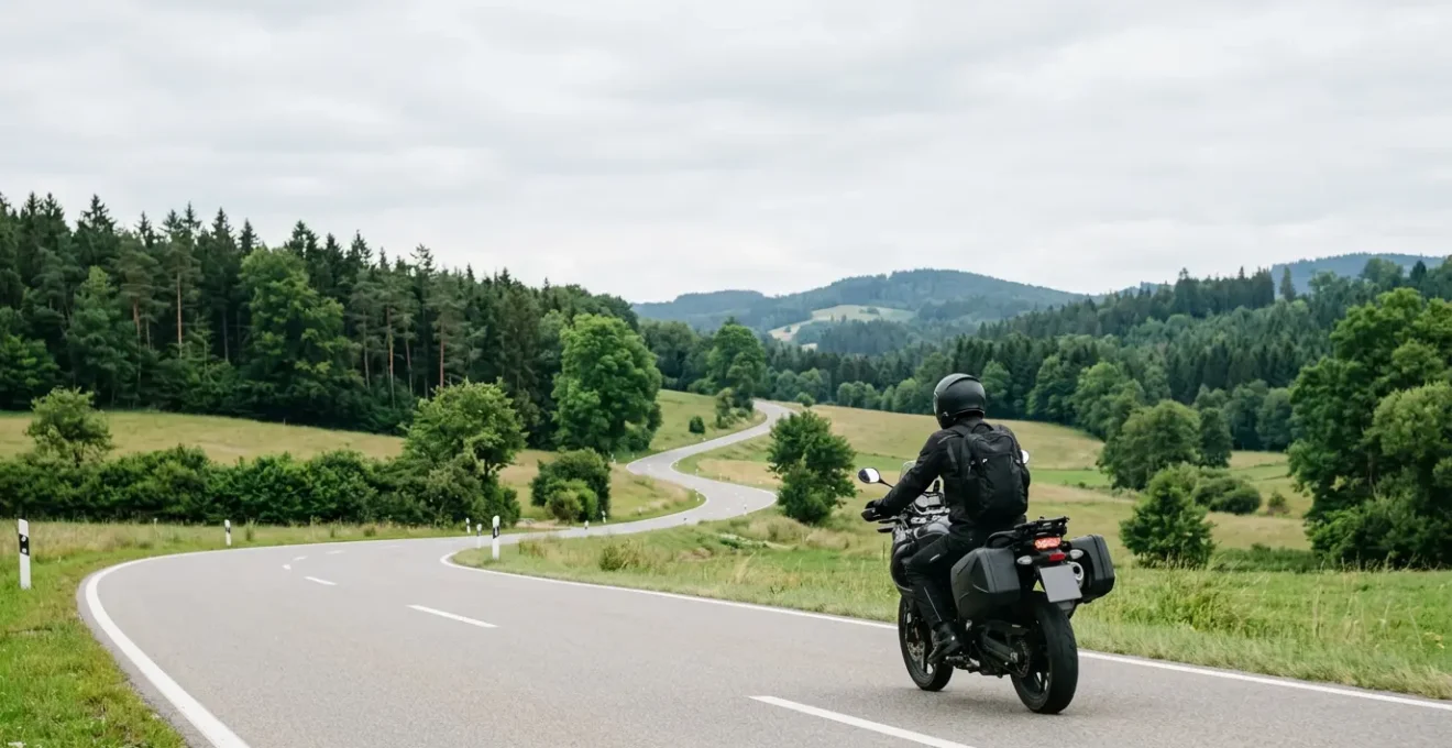 Motorradfahrer mit Navigationssystem auf kurvenreicher deutscher Landstraße