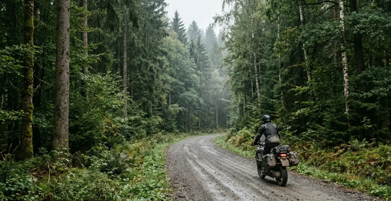 Motorradfahrer auf legalem Schotterweg in deutscher Landschaft