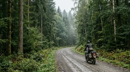 Motorradfahrer auf legalem Schotterweg in deutscher Landschaft