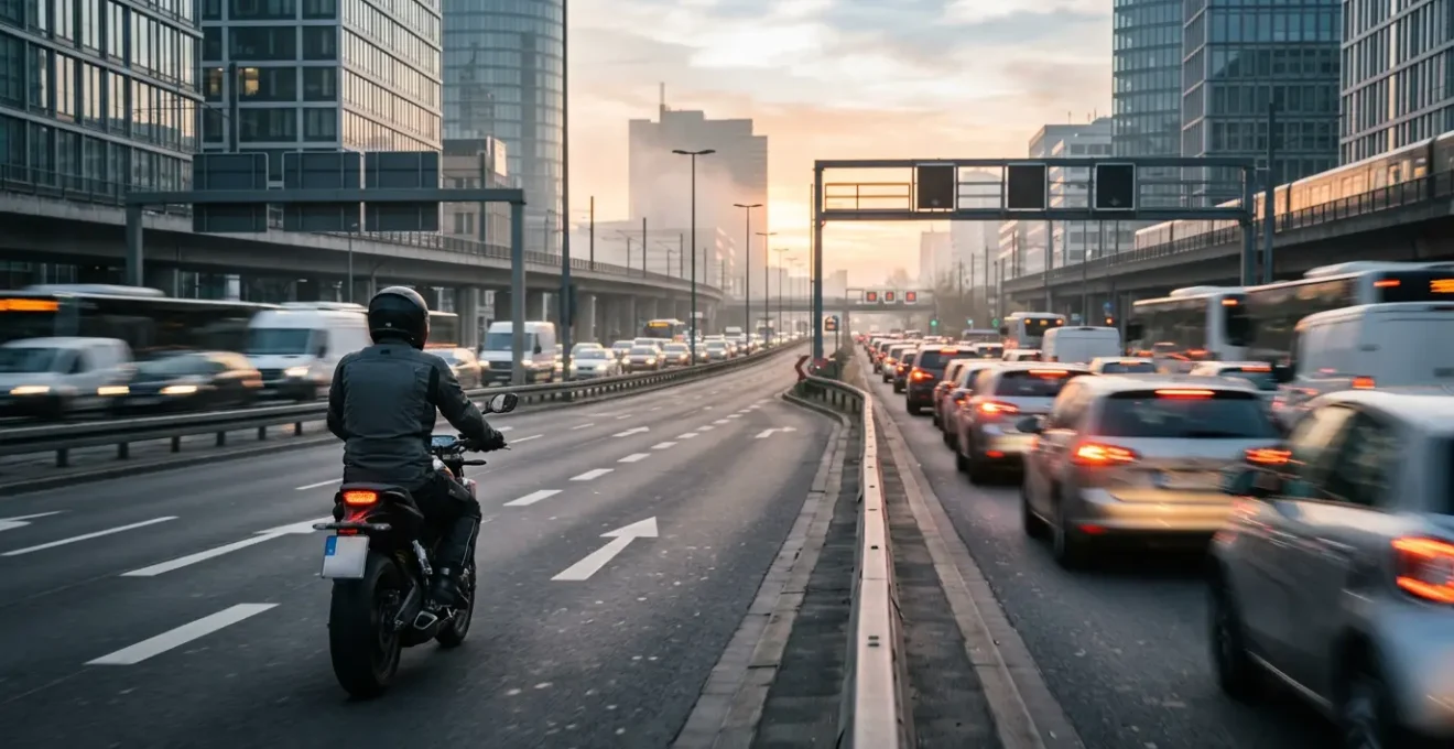 Motorradfahrer im morgendlichen Stadtverkehr während der Rushhour