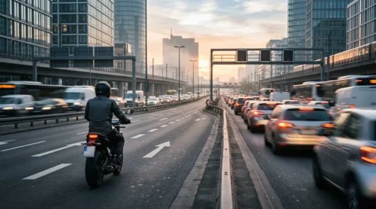 Motorradfahrer im morgendlichen Stadtverkehr während der Rushhour