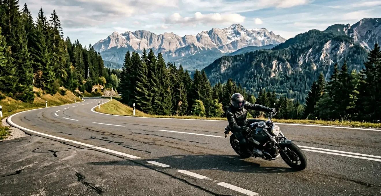 Motorradfahrer in dynamischer Schräglage auf bayerischer Bergstraße während Kurventraining