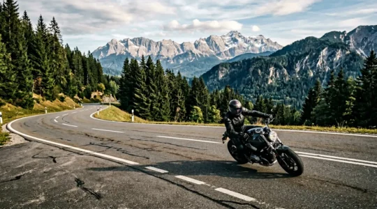 Motorradfahrer in dynamischer Schräglage auf bayerischer Bergstraße während Kurventraining