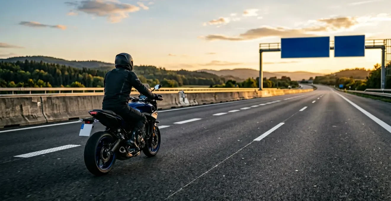 Motorradfahrer auf deutscher Autobahn mit Verkehrszeichen und Sicherheitsabstand