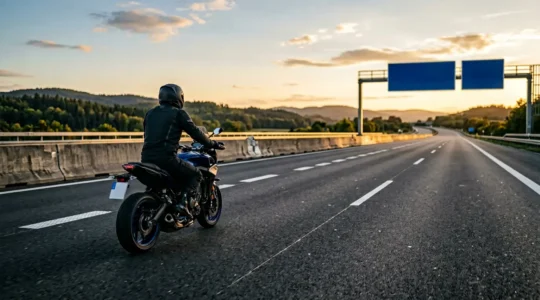 Motorradfahrer auf deutscher Autobahn mit Verkehrszeichen und Sicherheitsabstand