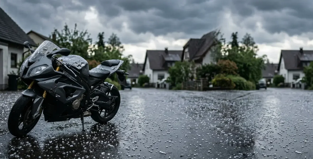 Beschädigtes Motorrad nach Hagelsturm mit Dellen auf Tank und Verkleidung