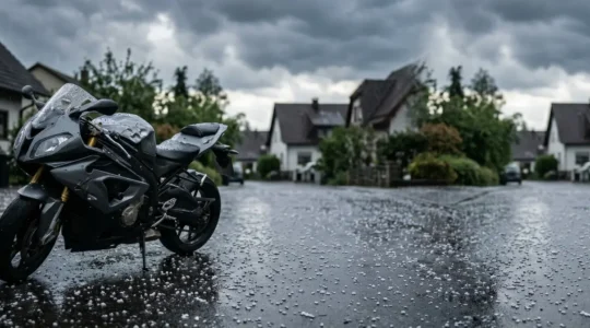 Beschädigtes Motorrad nach Hagelsturm mit Dellen auf Tank und Verkleidung