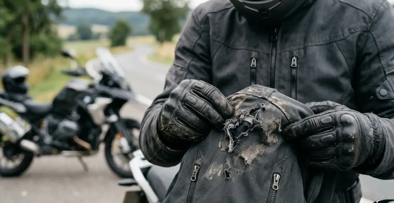 Motorradfahrer prüft beschädigte Schutzausrüstung nach Unfall in Deutschland