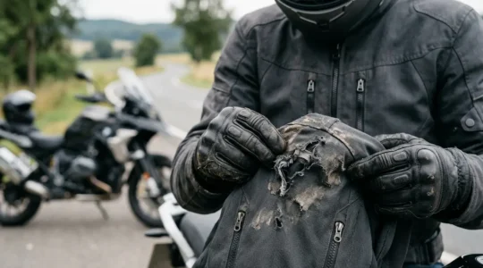 Motorradfahrer prüft beschädigte Schutzausrüstung nach Unfall in Deutschland