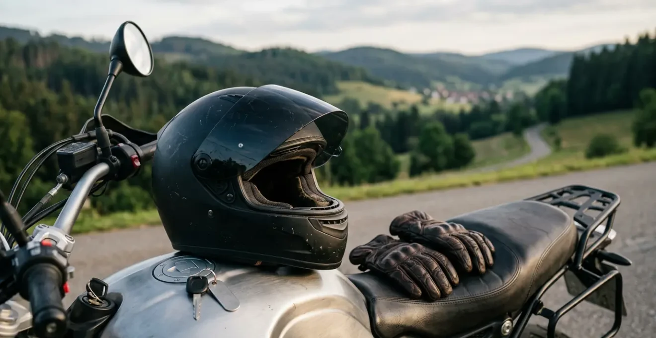 Motorradhelm und Sicherheitsausrüstung auf Motorrad, symbolisiert Versicherungsschutz und Fahrlässigkeitsprävention