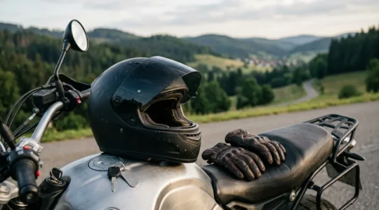 Motorradhelm und Sicherheitsausrüstung auf Motorrad, symbolisiert Versicherungsschutz und Fahrlässigkeitsprävention