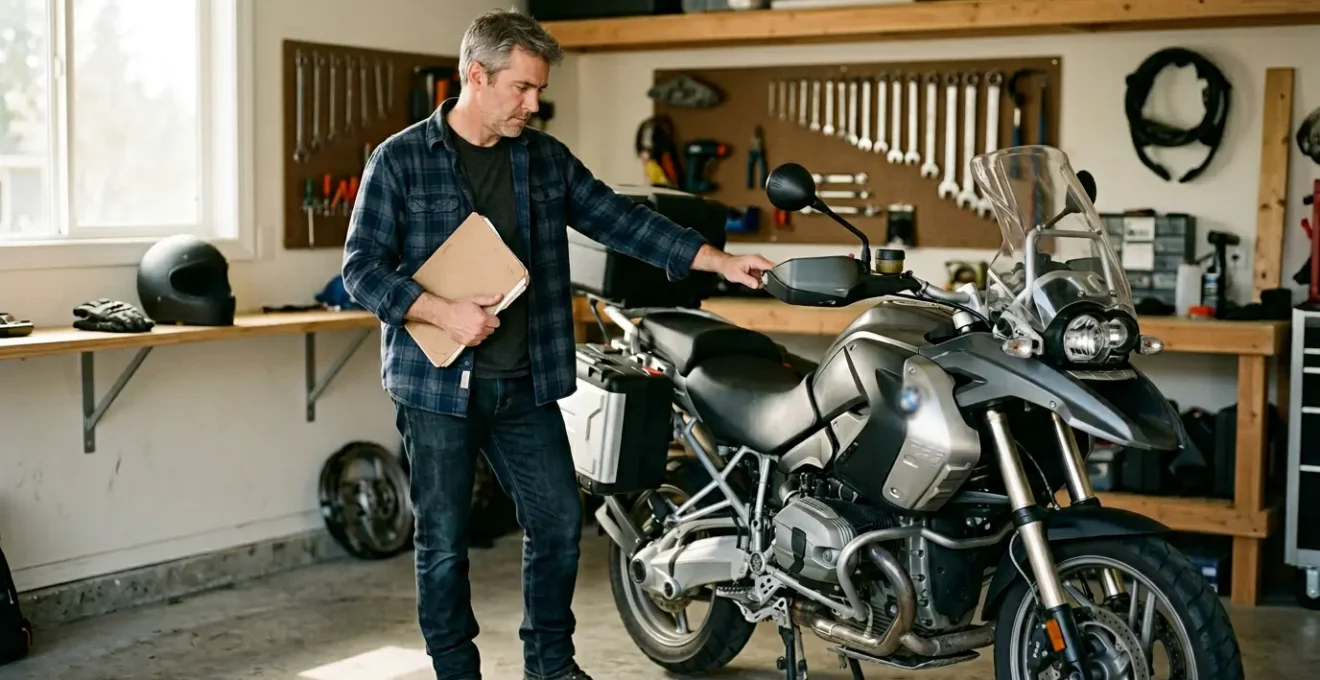 Motorradfahrer betrachtet nachdenklich seine gebrauchte Maschine in einer Garage mit Versicherungsunterlagen