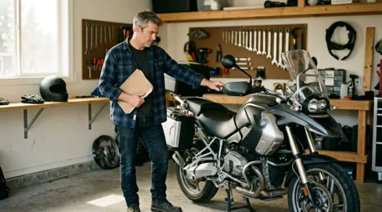 Motorradfahrer betrachtet nachdenklich seine gebrauchte Maschine in einer Garage mit Versicherungsunterlagen