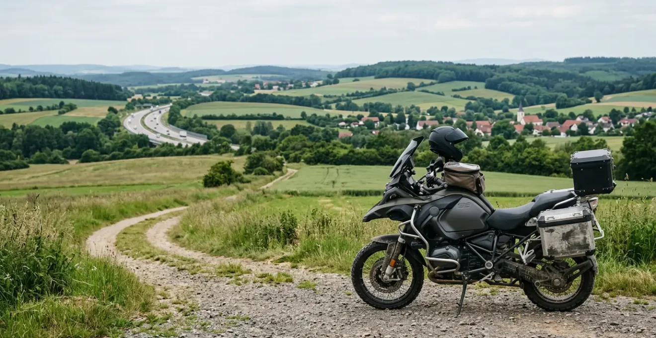 Motorrad mit sicherem und komfortablem Zubehör in deutscher Umgebung