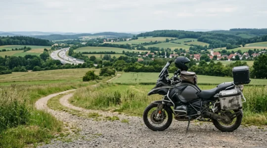Motorrad mit sicherem und komfortablem Zubehör in deutscher Umgebung