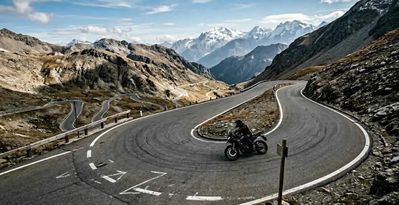 Motorradfahrer navigiert durch spektakuläre Serpentinen auf einem hochalpinen Pass mit dramatischer Bergkulisse