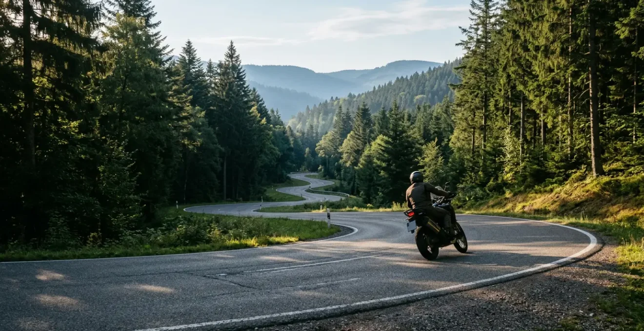 Motorradfahrer in konzentrierter Fahrt auf kurviger Straße im Zustand völliger Versunkenheit