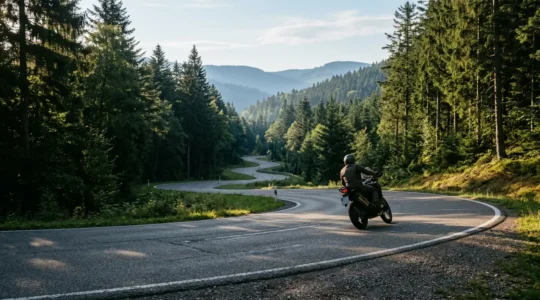 Motorradfahrer in konzentrierter Fahrt auf kurviger Straße im Zustand völliger Versunkenheit
