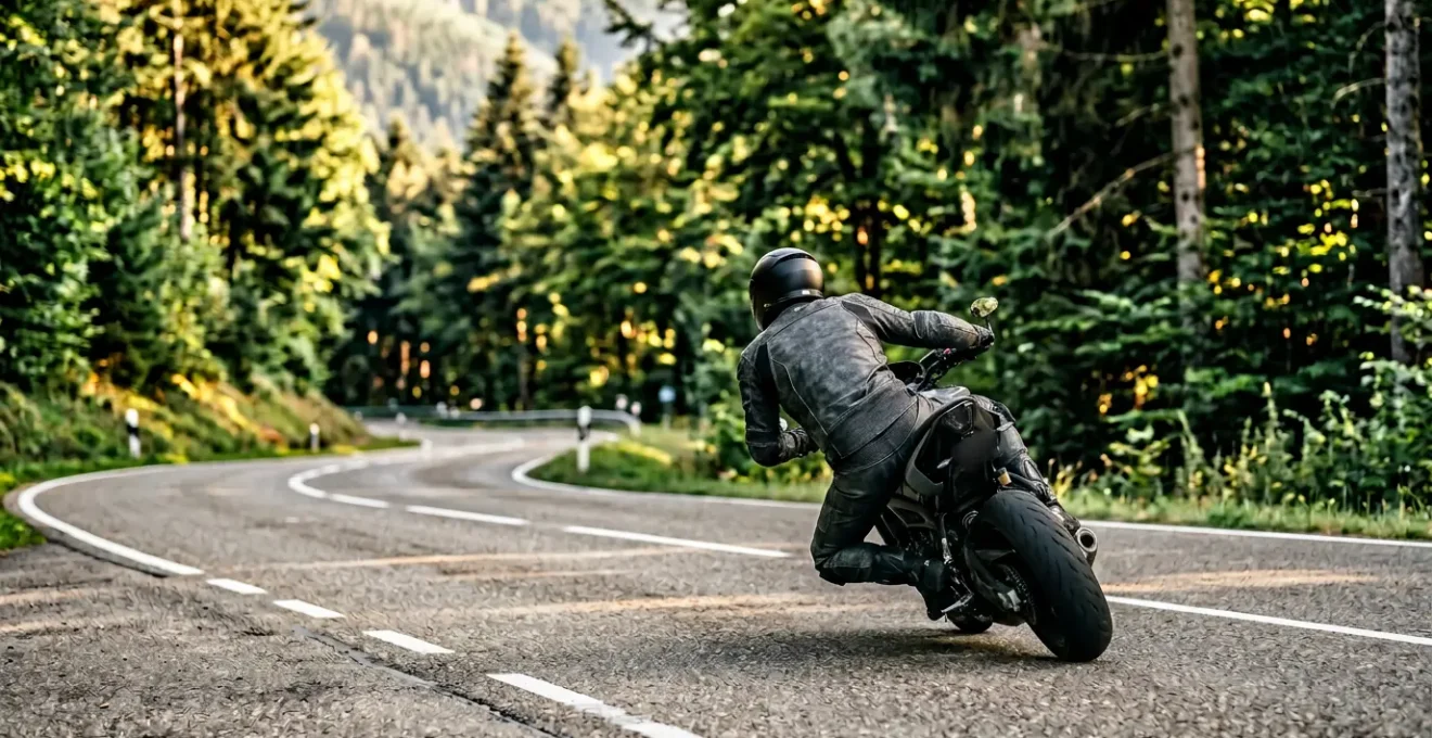 Motorradfahrer in dynamischer Kurvenfahrt auf deutscher Landstrasse bei konzentrierter Fahrhaltung