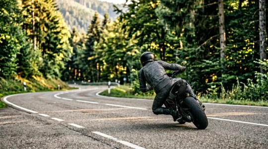Motorradfahrer in dynamischer Kurvenfahrt auf deutscher Landstrasse bei konzentrierter Fahrhaltung